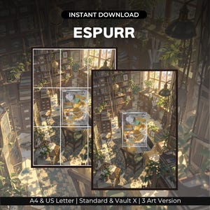 May include: A digital art print titled ESPURR featuring a library scene with a desk, books, and plants. The image includes a grid-lined version and a standard version, with text at the top reading INSTANT DOWNLOAD and at the bottom A4 & US Letter.