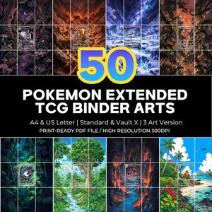 Op de afbeelding: Een verzameling van 50 uitgebreide Pokemon TCG map-illustraties weergegeven in een raster. De afbeelding toont diverse kleurrijke landschapsillustraties met Pokemon-kaarten eroverheen. Tekst bevat 50 POKEMON EXTENDED TCG BINDER ARTS, A4 & US Letter, Standard & Vault X, 3 Art Version en PRINT-READY PDF FILE / HIGH RESOLUTION 300DPI.