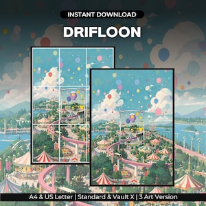 May include: A digital art print featuring a whimsical amusement park scene with a purple Drifloon character, a pink monorail track, and colorful balloons in the sky. The text reads INSTANT DOWNLOAD, DRIFLOON, and A4 & US Letter | Standard & Vault X | 3 Art Version.