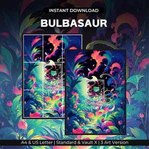 Op de afbeelding: Digitale kunstdruk met een Bulbasaur-figuur in een levendige, kleurrijke bosrijke omgeving met roze, blauw en groen gebladerte. De afbeelding bevat de tekst INSTANT DOWNLOAD, BULBASAUR en A4 & US Letter | Standard & Vault X | 3 Art Version.