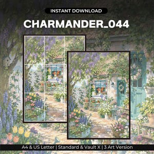 Peut inclure: Une impression d'art numérique intitulée CHARMANDER_044 représentant un jardin de cottage avec des glycines violettes, une porte bleu sarcelle et des fleurs colorées. Le texte indique INSTANT DOWNLOAD, A4 & US Letter, Standard & Vault X, 3 Art Version.