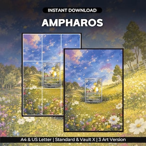 May include: A digital art print featuring a yellow Ampharos character in a vibrant meadow with wildflowers under a blue and pink sky. The image includes the text INSTANT DOWNLOAD, AMPHAROS, and A4 & US Letter | Standard & Vault X | 3 Art Version.