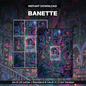 Puede incluir: Una impresión de arte digital titulada BANETTE que muestra un jardín interior oscuro y exuberante en tonos morados y azules, con plantas colgantes, una escalera y una tarjeta coleccionable. Texto: INSTANT DOWNLOAD, BANETTE, A4 & US Letter.