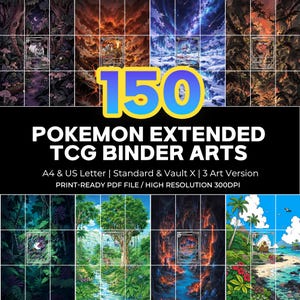 Op de afbeelding: Een digitale collectie van 150 uitgebreide Pokemon TCG map-illustraties met diverse landschapsafbeeldingen, rasteroverlays en Pokemon-kaarten. De tekst bevat 150 POKEMON EXTENDED TCG BINDER ARTS, A4 & US Letter, Standard & Vault X, 3 Art Version, PRINT-READY PDF FILE / HIGH RESOLUTION 300DPI.