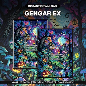 以下が含まれることがあります： GENGAR EXと題されたデジタルアートプリント。紫色のゲンガー、光るジャック・オー・ランタン、満月、ねじれた木々が描かれた鮮やかでダークなファンタジー風景。テキストは「INSTANT DOWNLOAD」「GENGAR EX」「A4 & US Letter」と記載。