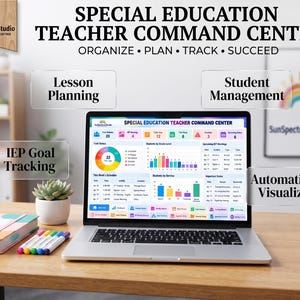 May include: A laptop displaying a Special Education Teacher Command Center dashboard with data charts, task status, and schedules. Text overlays include Lesson Planning, Student Management, IEP Goal Tracking, and Automatic Data Visualization.