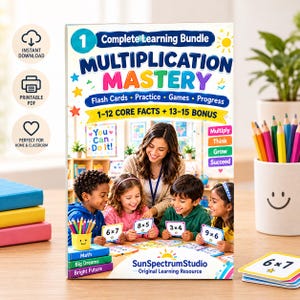 Puede incluir: Una portada de paquete de aprendizaje Multiplication Mastery con un docente y cuatro niños sosteniendo tarjetas de matemáticas. El texto dice Complete Learning Bundle, Multiplication Mastery, Flash Cards, Practice, Games, Progress, 1-12 Core Facts + 13-15 Bonus y SunSpectrumStudio.