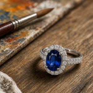 Könnte beinhalten: Ein silberfarbener Ring mit einem großen, oval geschliffenen, tiefblauen Saphir in der Mitte, der von einem Kranz aus kleinen, runden, klaren Steinen umgeben ist. Die Ringschiene ist zudem mit einer Reihe kleiner, runder, klarer Steine besetzt.