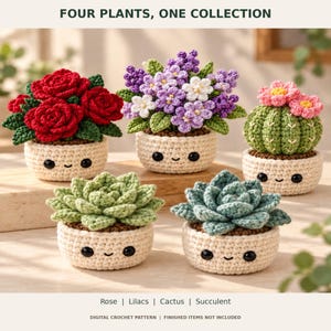 Op de afbeelding: Een collectie van vijf gehaakte planten in crèmekleurige potjes met geborduurde gezichtjes. De set bevat rode rozen, paarse en witte seringen, een groene cactus met roze bloemen en twee vetplanten. Tekst: FOUR PLANTS, ONE COLLECTION.