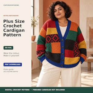 May include: A long-sleeve crochet cardigan featuring a patchwork design in mustard yellow, forest green, black, and red. The garment has a deep blue V-neck button placket and cuffs. Text on the image reads: Plus Size Crochet Cardigan Pattern.