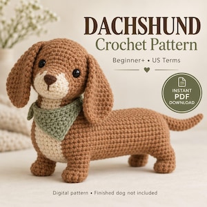 Tax-virkmönster PDF – Modern Amigurumi-hund med avtagbar bandana