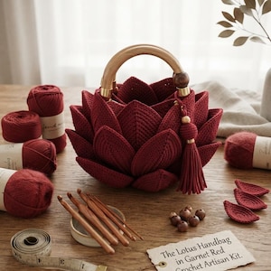 Puede incluir: Un bolso de ganchillo color rojo granate con forma de flor de loto y asa de madera, acompañado de ovillos de lana, ganchillos de madera, cuentas, una cinta métrica y una etiqueta que dice The Lotus Handbag in Garnet Red - Crochet Artisan Kit.