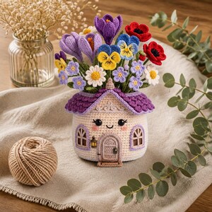Op de afbeelding: Een gehaakte plantenbak in de vorm van een huisje met een crèmekleurige basis met een lachend gezicht, een paars dak en een boeket kleurrijke gehaakte bloemen, waaronder rode klaprozen, gele en blauwe viooltjes, paarse krokussen en witte madeliefjes.