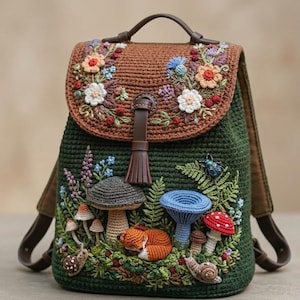 Pode incluir: Uma mochila de crochê verde-escura com uma aba marrom adornada com bordados florais coloridos. A frente exibe uma cena detalhada com vários cogumelos de crochê, uma raposa laranja dormindo, dois caracóis, um besouro azul e samambaias.