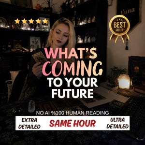 Könnte beinhalten: Eine Werbeanzeige für Tarotkartenlesen mit dem Text WHAT'S COMING TO YOUR FUTURE, NO AI %100 HUMAN READING, EXTRA DETAILED, SAME HOUR und ULTRA DETAILED. Ein goldenes Bestseller-Abzeichen mit fünf Sternen ist in der Ecke zu sehen.