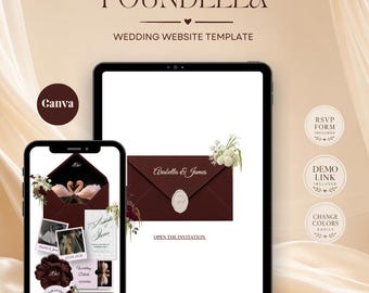 Burgundy Wedding Website Template canva  | Floral Digital Wedding Invitation with RSVP | Instant Download