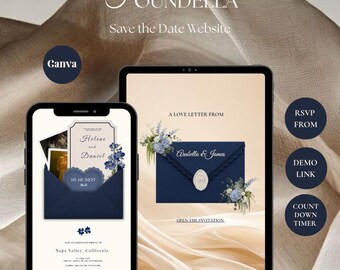 Plantilla web azul marino para anunciar la fecha de la boda (Canva) | Invitación de boda digital con confirmación de asistencia | Descarga instantánea