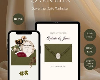 Olive Green Save the Date Website Template | Digital Wedding Invitation with RSVP | Instant Download  (Canva Template)