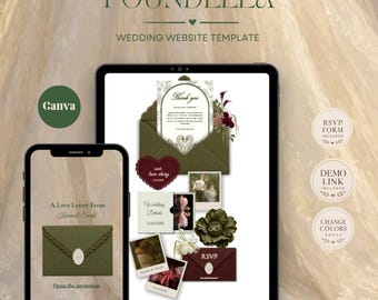 Olive Green Wedding Website Template | Digital Wedding Invitation with RSVP | Instant Download (Canva Template)
