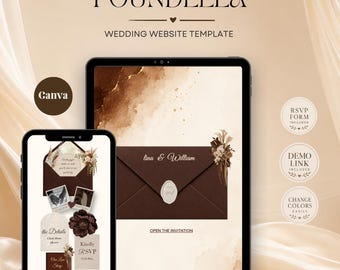 Plantilla web para bodas en color marrón | Invitación de boda digital con confirmación de asistencia | Descarga instantánea (Plantilla de Canva)