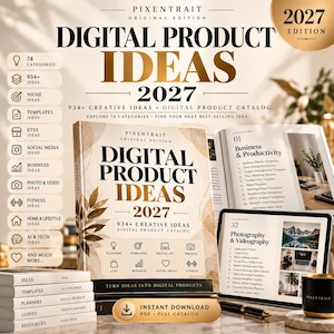 Könnte beinhalten: Ein digitaler Produktkatalog mit dem Titel Digital Product Ideas 2027, der 934 kreative Ideen in 74 Kategorien enthält. Die Darstellung umfasst ein Buch, ein Tablet mit Foto- und Videoinhalten, einen Bücherstapel und einen Download-Button.