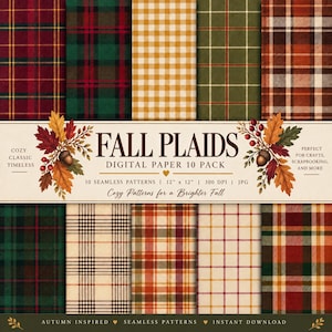 May include: A digital paper pack featuring ten seamless plaid and gingham patterns in autumn colors like red, green, orange, and cream. The text reads FALL PLAIDS DIGITAL PAPER 10 PACK, 10 SEAMLESS PATTERNS, 12 x 12, 300 DPI, JPG, and Cozy Patterns for a Brighter Fall.