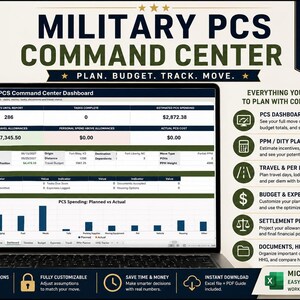 May include: A laptop screen displaying the Military PCS Command Center dashboard, a digital planning and budgeting tool. The interface features sections for move details, task tracking, and spending charts, with sidebar text detailing features like PPM planning and expense tracking.