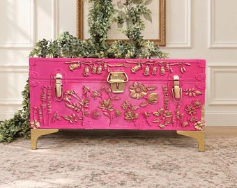 Salontafel, koffer, roze salontafel, meubels voor de hal, handbeschilderde meubels