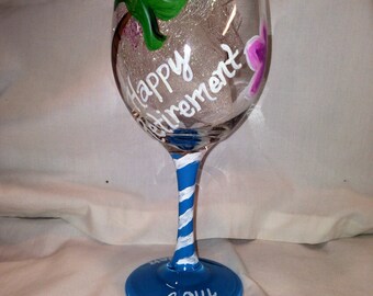 Retirement Wine Glass With Palm Trees And Flowers, Happy Retirement With Name, Personalized Retirement Glass