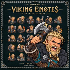 May include: A digital collection of 30 static Viking emotes by PixelKoko, featuring a central illustration of a blonde bearded warrior holding an axe, surrounded by smaller circular icons of the same character in various poses and expressions.