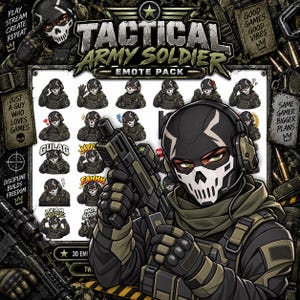 Könnte beinhalten: Ein digitales Emote-Paket mit dem Titel Tactical Army Soldier, das eine zentrale Illustration eines Soldaten mit Totenkopfmaske und taktischer Ausrüstung zeigt, der ein Gewehr hält, umgeben von einem Raster kleinerer Soldaten-Emotes.