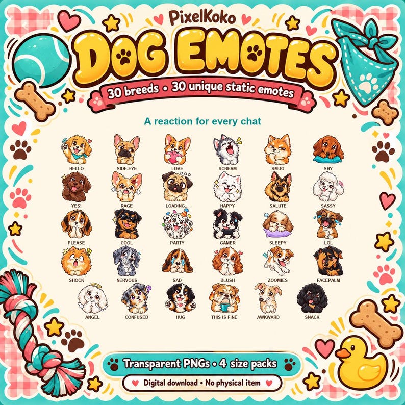 30 Dog Breed Emotes – Chibi PNG Emote Pack - Etsy