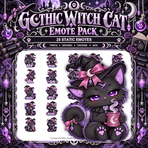 Witchy Black Cat Twitch Emotes: 25 Gothic PNG Designs