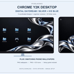 Chrome Y2K Desktop Wallpaper Bundle: 24 Folder Icons and Phone Backgrounds