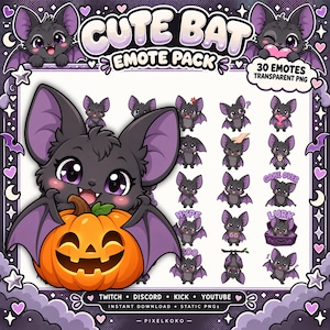 Può includere: Un pacchetto di emote digitali con 30 immagini PNG trasparenti di un pipistrello cartoon con orecchie e ali viola. L'immagine principale mostra il pipistrello che tiene una zucca arancione. Testo: CUTE BAT EMOTE PACK, 30 EMOTES, TWITCH.