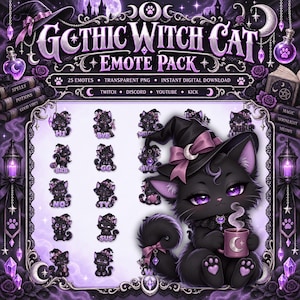 Hexenhafte schwarze Katzen-Twitch-Emotes: 25 gotische PNG-Designs