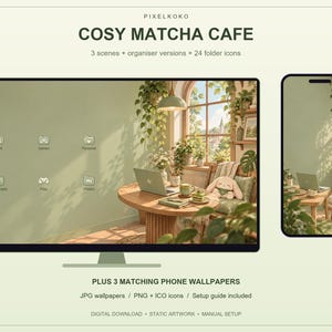 Peut inclure: Un ensemble de fonds d'écran numériques pour ordinateur et mobile intitulé COSY MATCHA CAFE, montrant une scène de café aux tons verts avec un ordinateur portable, des plantes et une peluche. Inclut 3 scènes, des icônes et des fonds d'écran assortis.