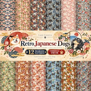 以下が含まれることがあります： Retro Japanese Dogsと題されたデジタルペーパーセット。柴犬やその他の犬種、桜、富士山、伝統的な日本のモチーフが描かれた12種類のシームレスパターンが、鮮やかなカラーパレットで構成されています。