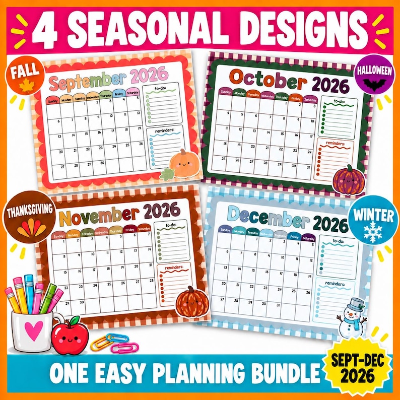 2026 Teacher Calendar Bundle, September-december Classroom Planner (PDF ...
