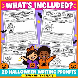 May include: A set of 20 Halloween writing prompt worksheets featuring black and white illustrations of a pumpkin costume, a magic potion, a dancing skeleton, and a spooky tree, with two cartoon children in the center on a purple background.