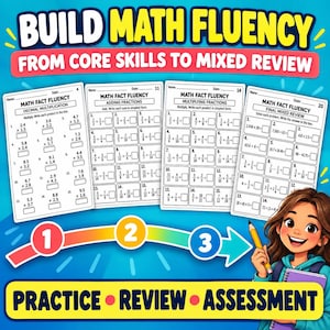 May include: Four white math worksheets titled Math Fact Fluency featuring decimal multiplication, adding fractions, multiplying fractions, and final mixed review. Below, a numbered progress arrow from one to three points to the text Practice, Review, Assessment.