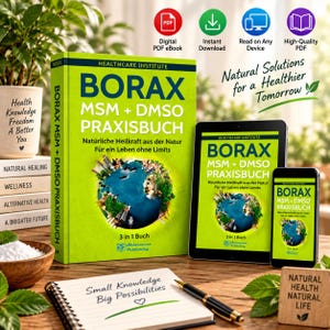 May include: A green book titled Borax MSM + DMSO Praxisbuch with a globe graphic, displayed alongside a tablet and smartphone showing the same cover, a notebook with the text Small Knowledge Big Possibilities, and a wooden block with text.