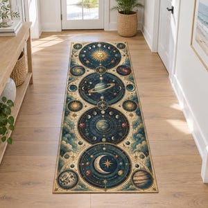 May include: A long rectangular runner rug featuring a celestial design with deep blue backgrounds. The pattern includes four large circular motifs depicting the sun, Saturn, Earth, and the moon, surrounded by smaller planets, stars, and clouds.