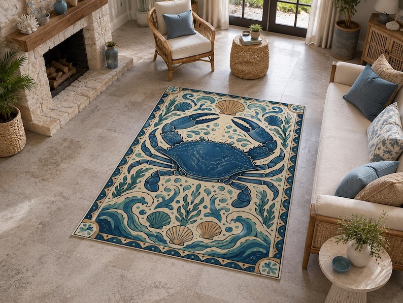 Blue Crab Folk Art Rug, Coastal Nautical Decor, Seaside Cottage Style ...