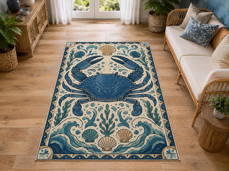 Blue Crab Folk Art Rug, Coastal Nautical Decor, Seaside Cottage Style ...