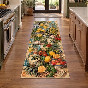 May include: A long rectangular kitchen runner rug featuring a vibrant Mediterranean-inspired print of fresh produce including lemons, tomatoes, artichokes, olives, and garlic, arranged in bowls and ceramic pitchers against a textured, rustic background.