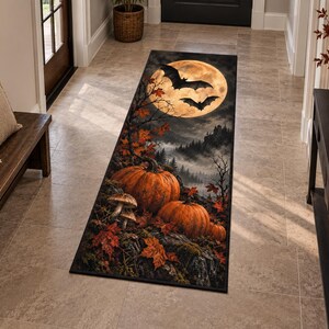 Gothic Halloween Runner, Bat Moon Pumpkin Forest Rug (15.7x31.4 inch)