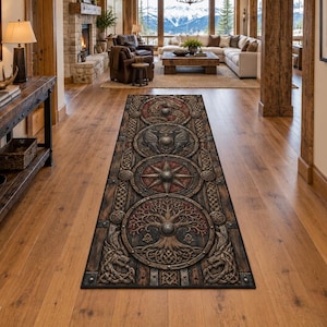 May include: A long rectangular runner rug featuring a dark wood-toned background with four circular medallions. The designs include a central tree of life, a compass star, two birds, and a dragon, all rendered in a carved relief style with brown, grey, and muted red accents.