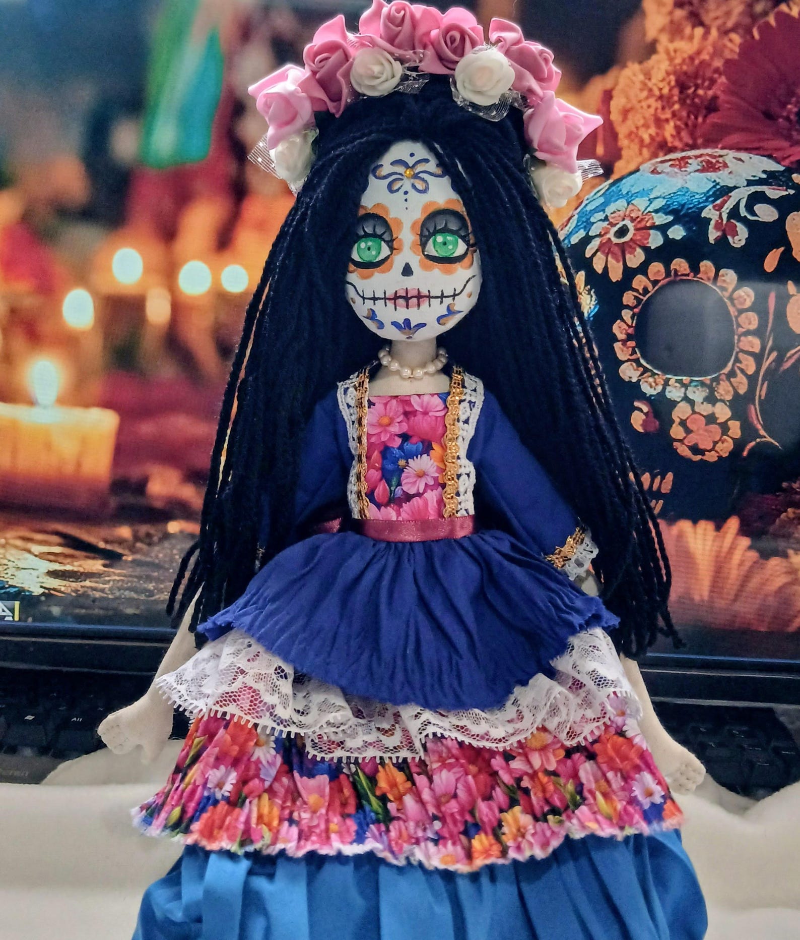 Muñeca de Tela Catrina Hecha a Mano, Cara Pintada a Mano, Muñeca de Arte Textil Día de Muertos, Coleccionable Mexicano Único