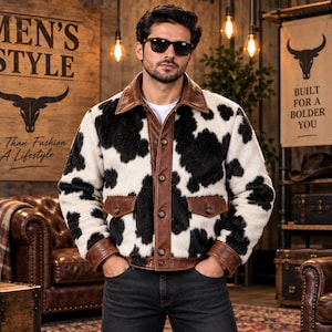 May include: A jacket featuring a white and black cow-print faux fur body with brown leather trim on the collar, front placket, cuffs, and pocket flaps. The jacket has a button-down front closure and two front pockets with buttoned flaps.